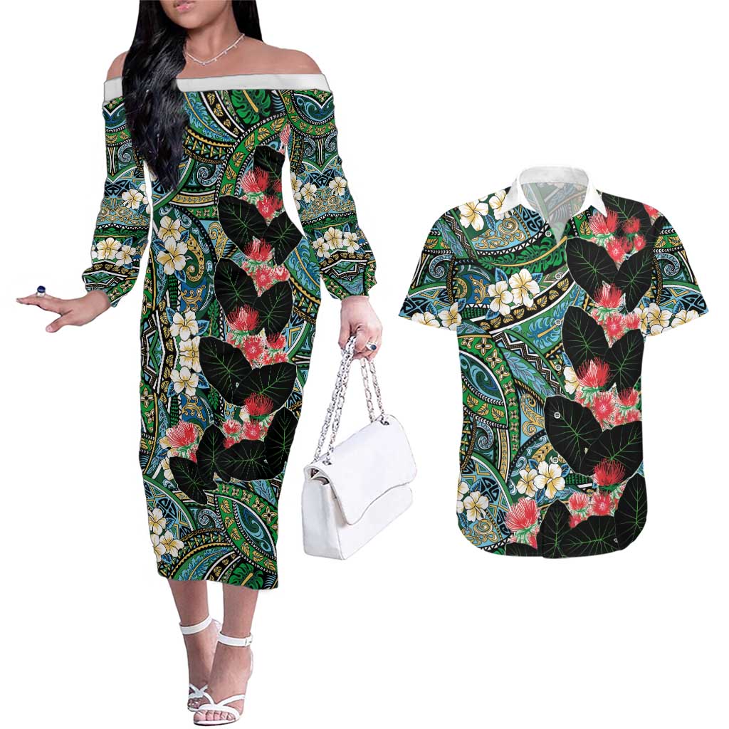 Hawaiian Taro Leaves and Ohia Lehua Couples Matching Off The Shoulder Long Sleeve Dress and Hawaiian Shirt Polynesian Tribal Art Tropical Plants Motifs Colorful LT03 Multicolor - Polynesian Pride