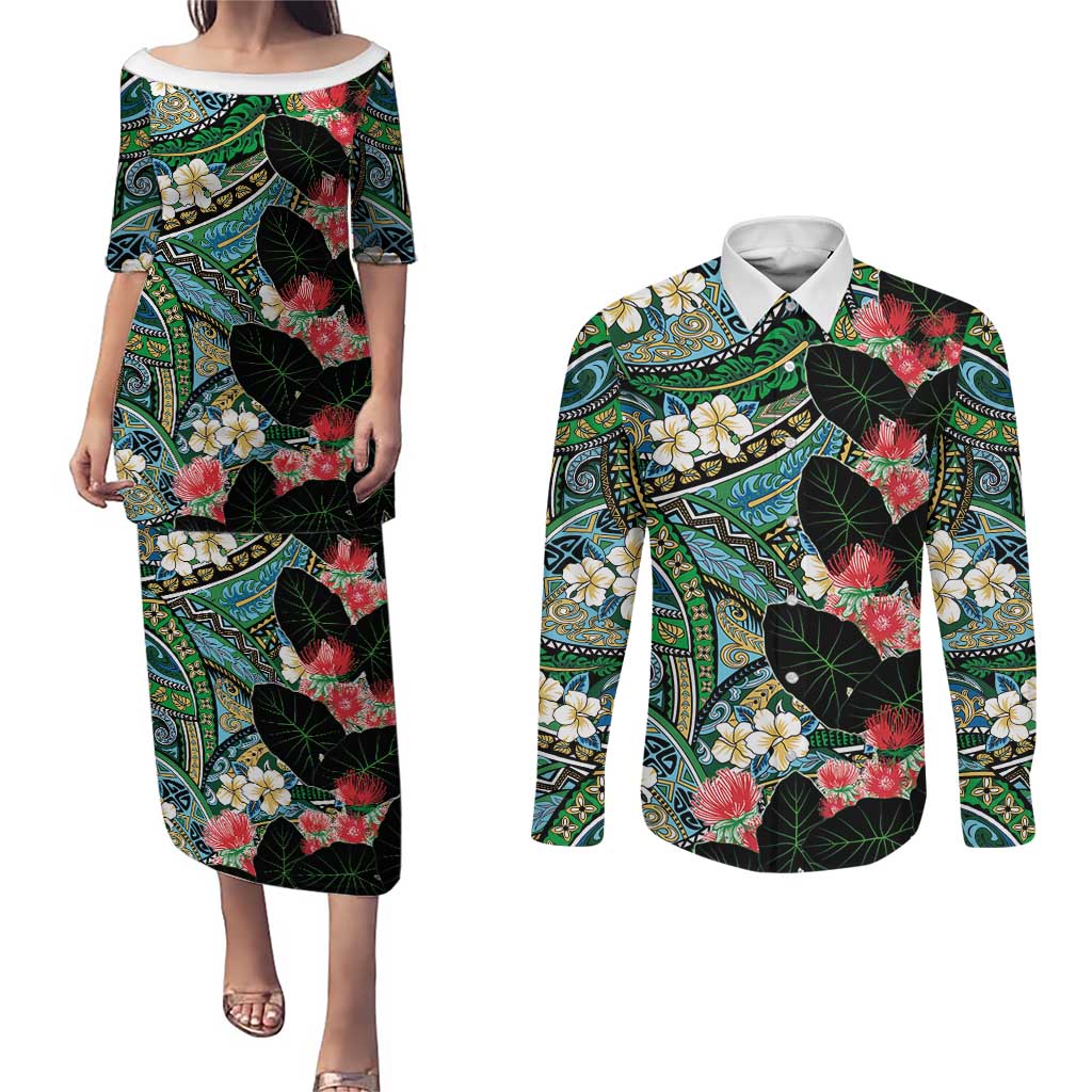 Hawaiian Taro Leaves and Ohia Lehua Couples Matching Puletasi and Long Sleeve Button Shirt Polynesian Tribal Art Tropical Plants Motifs Colorful LT03 Multicolor - Polynesian Pride