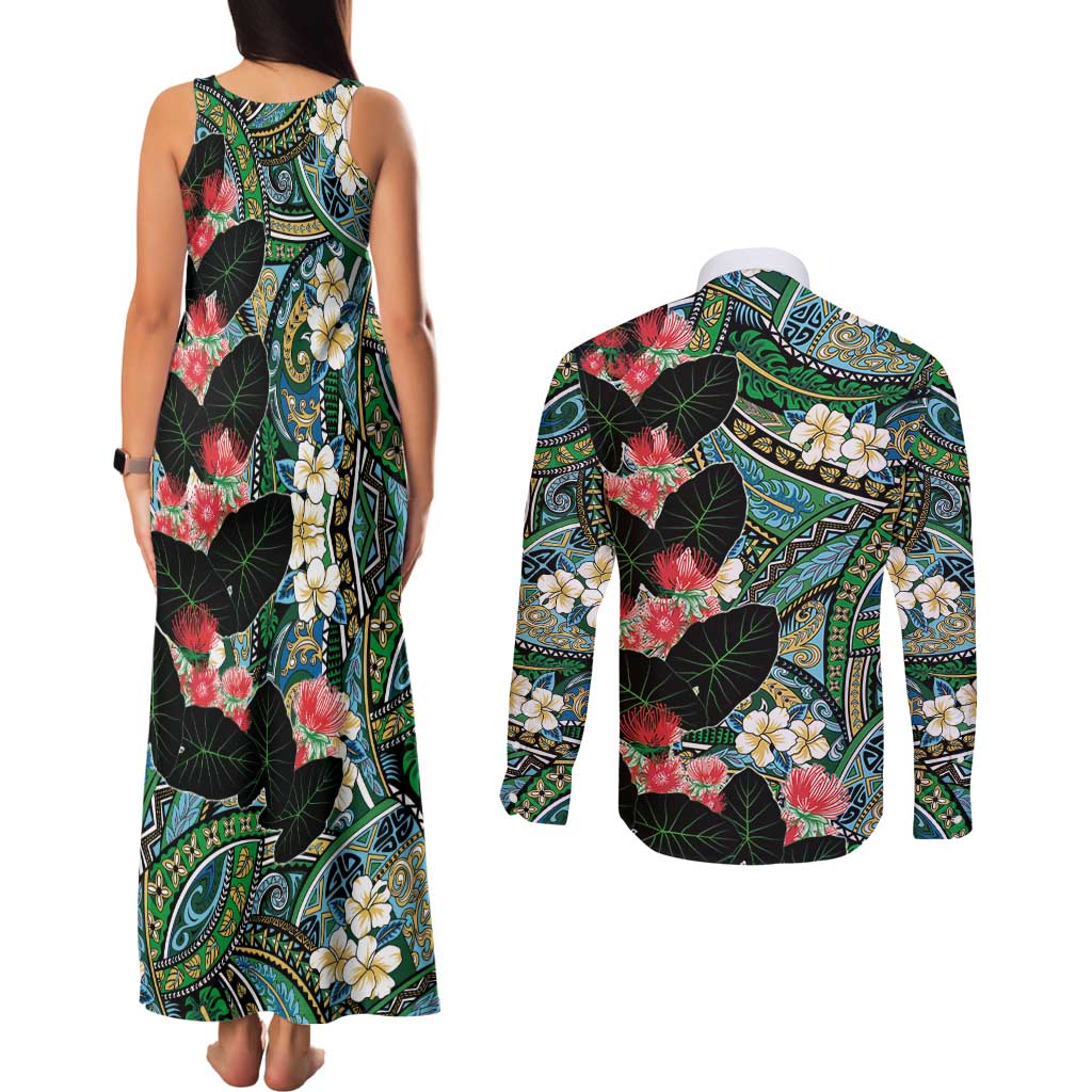 Hawaiian Taro Leaves and Ohia Lehua Couples Matching Tank Maxi Dress and Long Sleeve Button Shirt Polynesian Tribal Art Tropical Plants Motifs Colorful LT03 - Polynesian Pride