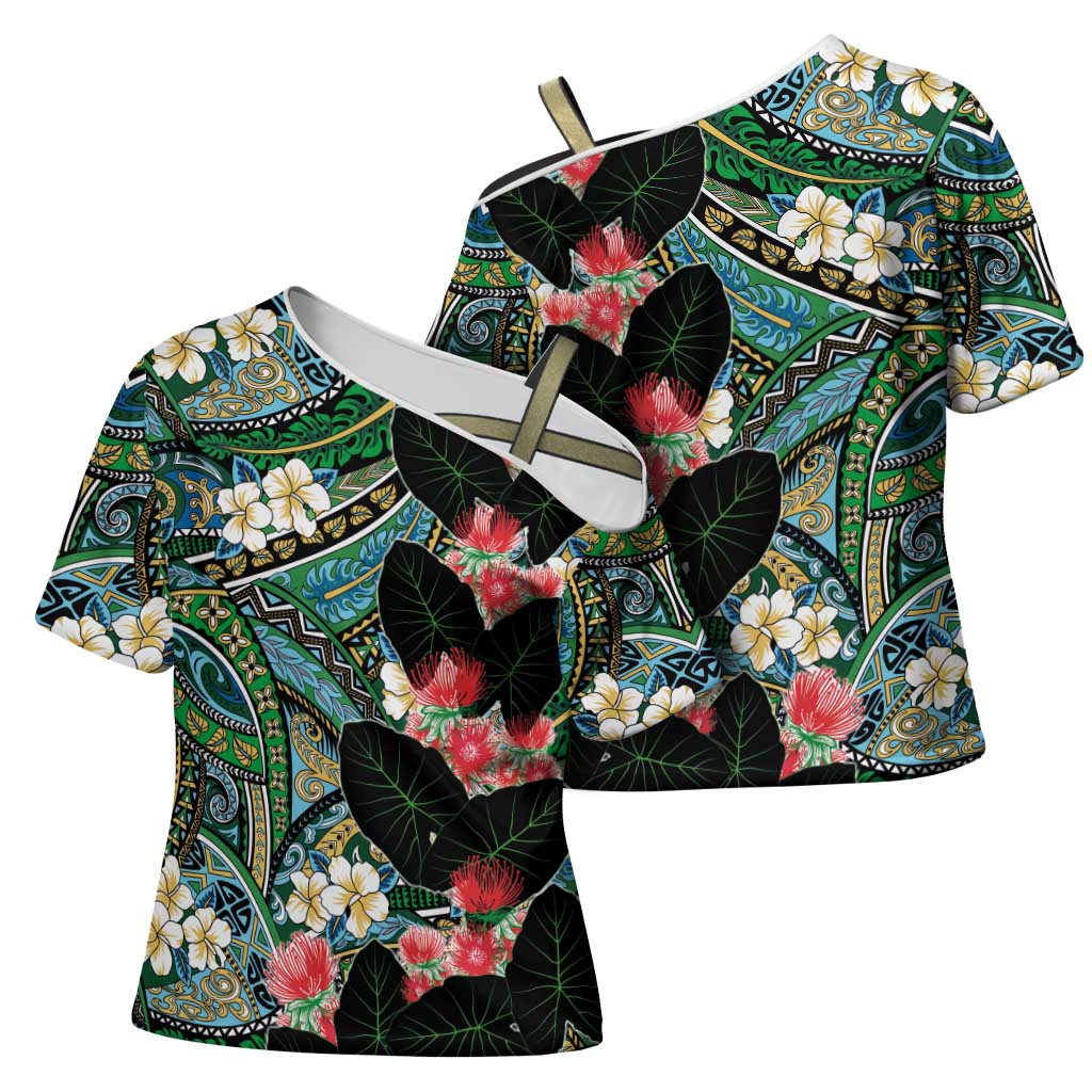 Hawaiian Taro Leaves and Ohia Lehua Cross Shoulder Shirt Polynesian Tribal Art Tropical Plants Motifs Colorful LT03 - Polynesian Pride