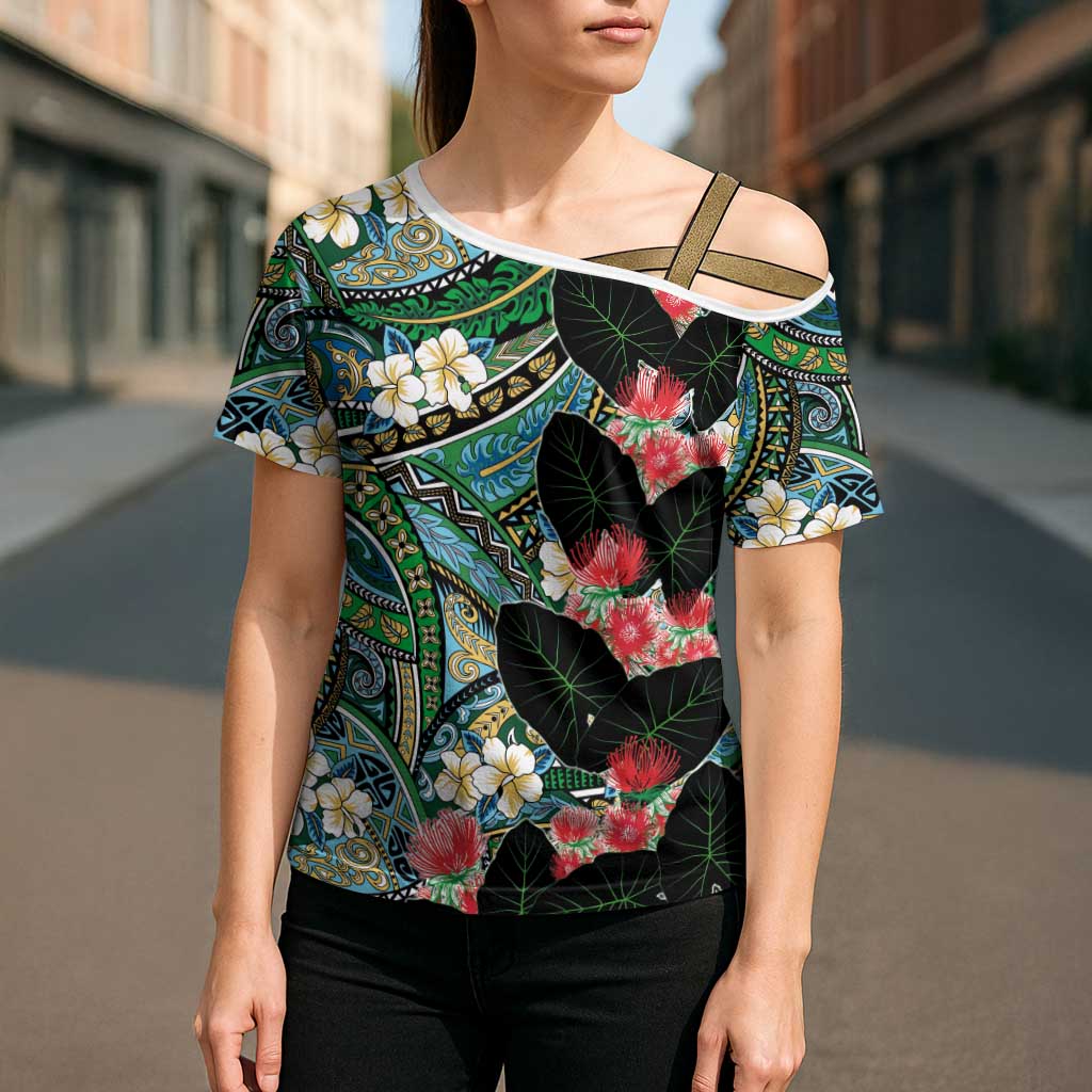 Hawaiian Taro Leaves and Ohia Lehua Cross Shoulder Shirt Polynesian Tribal Art Tropical Plants Motifs Colorful LT03 - Polynesian Pride