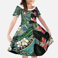 Hawaiian Taro Leaves and Ohia Lehua Family Matching Long Sleeve Bodycon Dress and Hawaiian Shirt Polynesian Tribal Art Tropical Plants Motifs Colorful LT03 Daughter's Dress Multicolor - Polynesian Pride