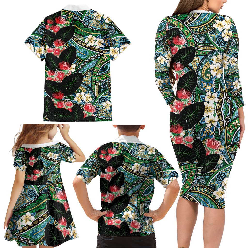 Hawaiian Taro Leaves and Ohia Lehua Family Matching Long Sleeve Bodycon Dress and Hawaiian Shirt Polynesian Tribal Art Tropical Plants Motifs Colorful LT03 - Polynesian Pride