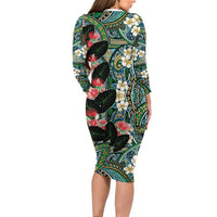 Hawaiian Taro Leaves and Ohia Lehua Family Matching Long Sleeve Bodycon Dress and Hawaiian Shirt Polynesian Tribal Art Tropical Plants Motifs Colorful LT03 - Polynesian Pride