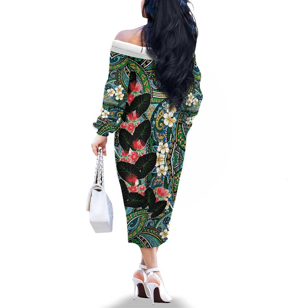 Hawaiian Taro Leaves and Ohia Lehua Family Matching Off The Shoulder Long Sleeve Dress and Hawaiian Shirt Polynesian Tribal Art Tropical Plants Motifs Colorful LT03 - Polynesian Pride