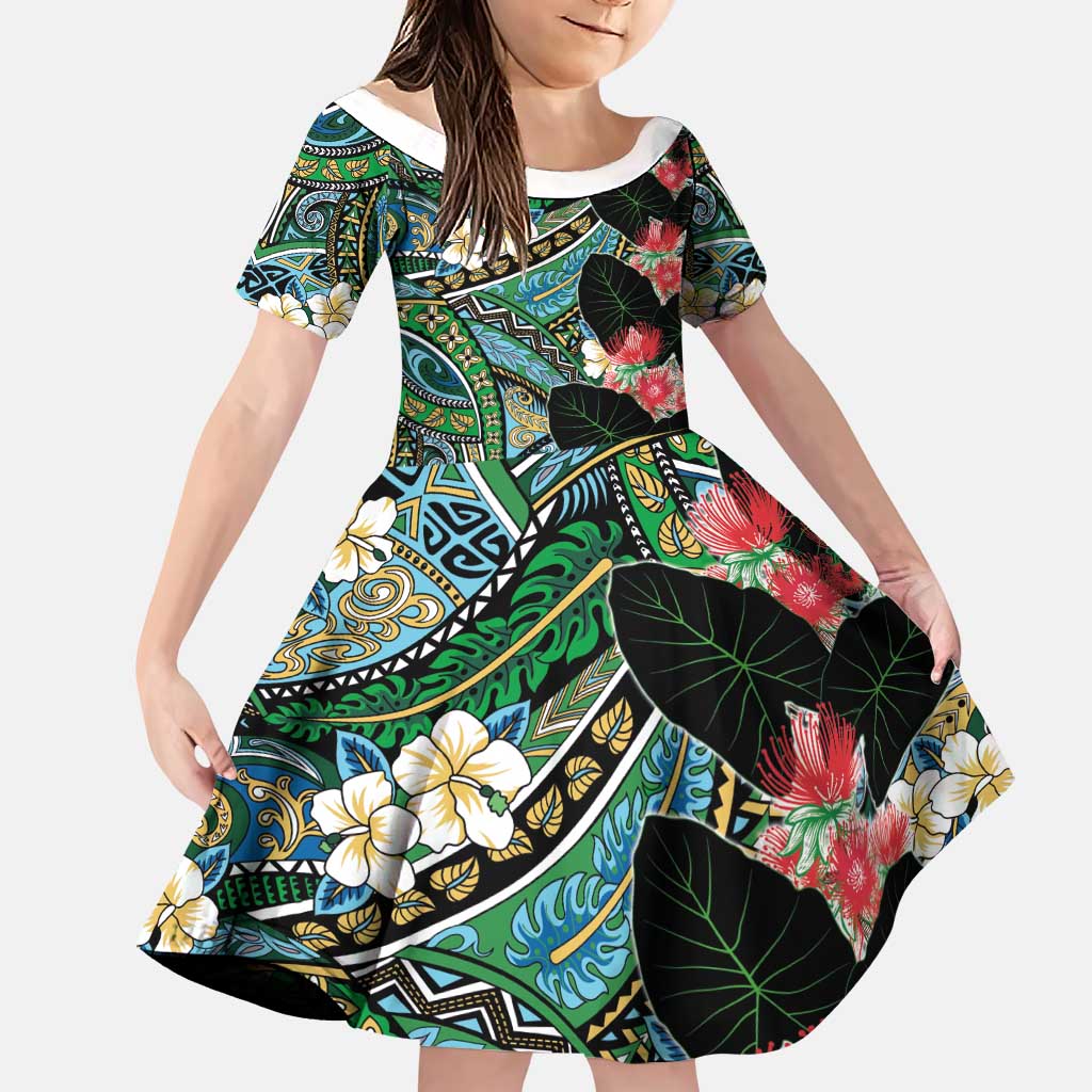Hawaiian Taro Leaves and Ohia Lehua Family Matching Off Shoulder Maxi Dress and Hawaiian Shirt Polynesian Tribal Art Tropical Plants Motifs Colorful LT03 Daughter's Dress Multicolor - Polynesian Pride