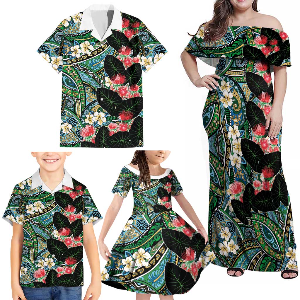 Hawaiian Taro Leaves and Ohia Lehua Family Matching Off Shoulder Maxi Dress and Hawaiian Shirt Polynesian Tribal Art Tropical Plants Motifs Colorful LT03 - Polynesian Pride