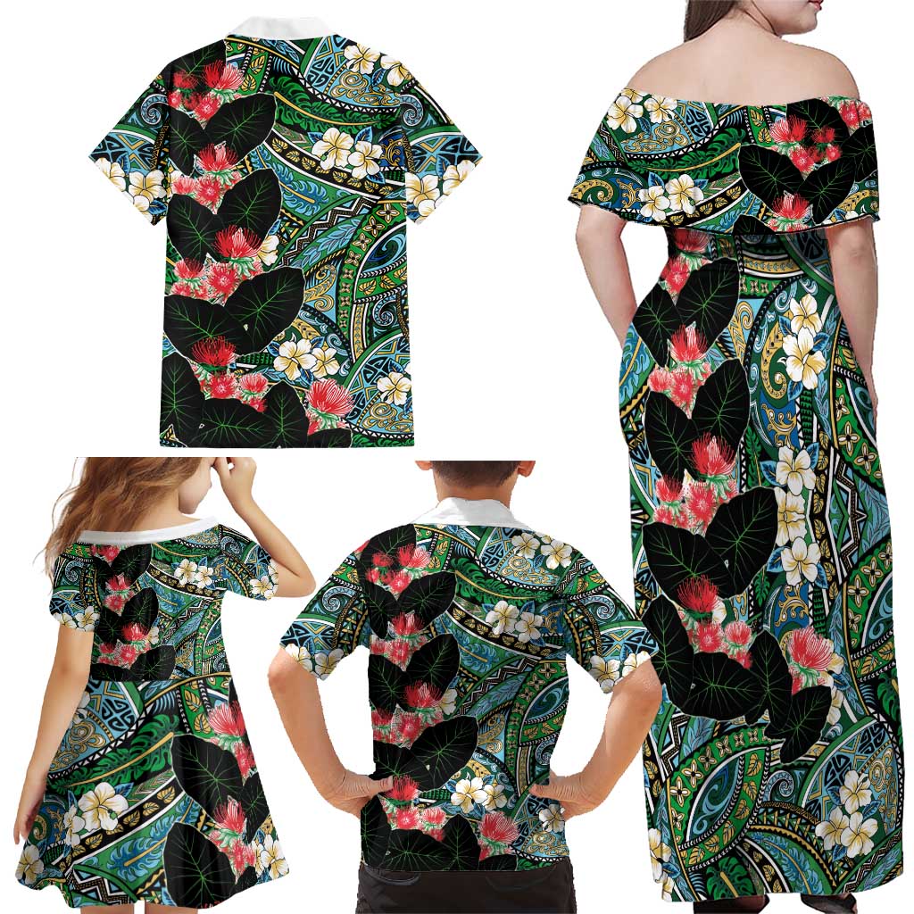 Hawaiian Taro Leaves and Ohia Lehua Family Matching Off Shoulder Maxi Dress and Hawaiian Shirt Polynesian Tribal Art Tropical Plants Motifs Colorful LT03 - Polynesian Pride