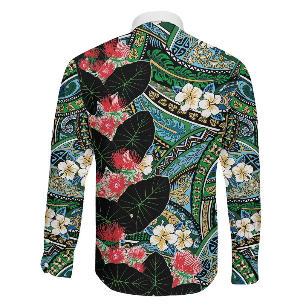 Hawaiian Taro Leaves and Ohia Lehua Family Matching Off Shoulder Maxi Dress and Hawaiian Shirt Polynesian Tribal Art Tropical Plants Motifs Colorful LT03 - Polynesian Pride
