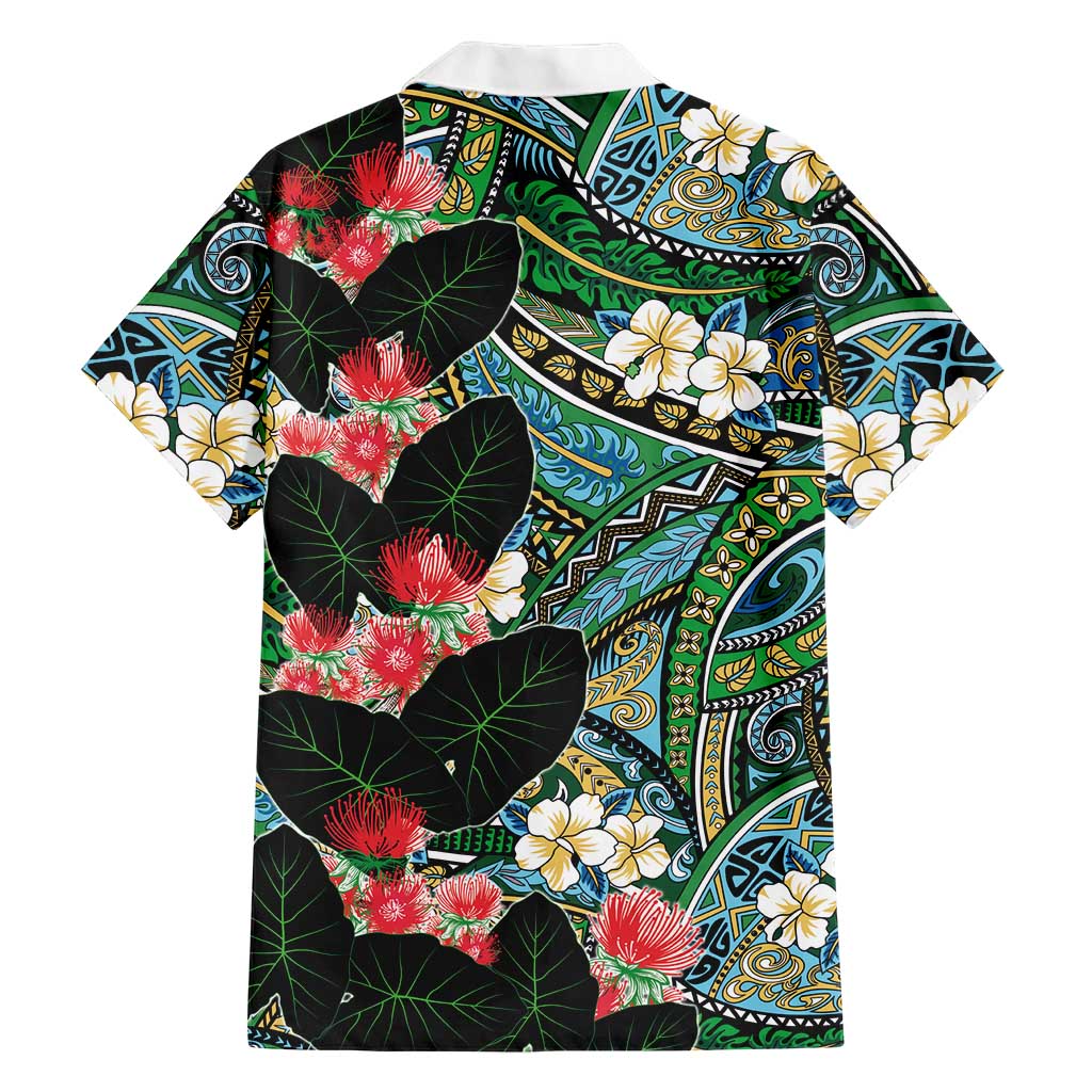 Hawaiian Taro Leaves and Ohia Lehua Family Matching Off Shoulder Short Dress and Hawaiian Shirt Polynesian Tribal Art Tropical Plants Motifs Colorful LT03 - Polynesian Pride