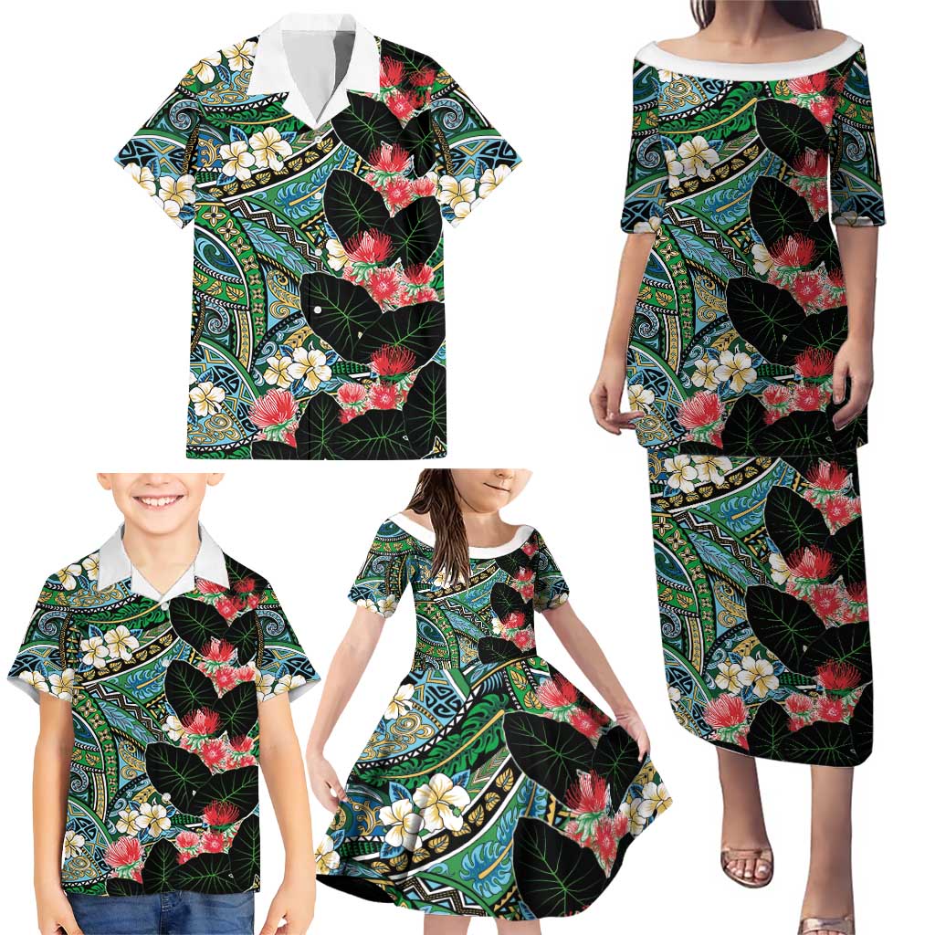 Hawaiian Taro Leaves and Ohia Lehua Family Matching Puletasi and Hawaiian Shirt Polynesian Tribal Art Tropical Plants Motifs Colorful LT03 - Polynesian Pride