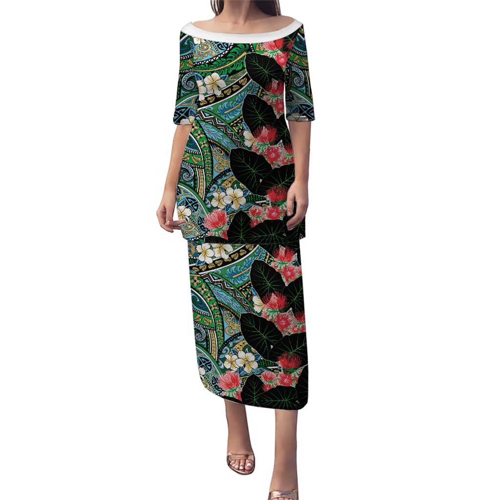 Hawaiian Taro Leaves and Ohia Lehua Family Matching Puletasi and Hawaiian Shirt Polynesian Tribal Art Tropical Plants Motifs Colorful LT03 Mom's Dress Multicolor - Polynesian Pride