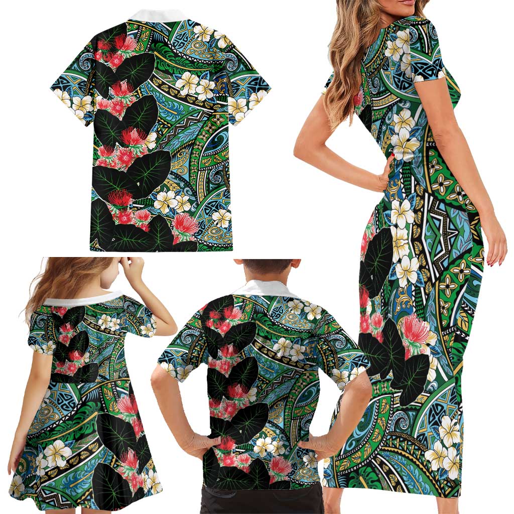 Hawaiian Taro Leaves and Ohia Lehua Family Matching Short Sleeve Bodycon Dress and Hawaiian Shirt Polynesian Tribal Art Tropical Plants Motifs Colorful LT03 - Polynesian Pride