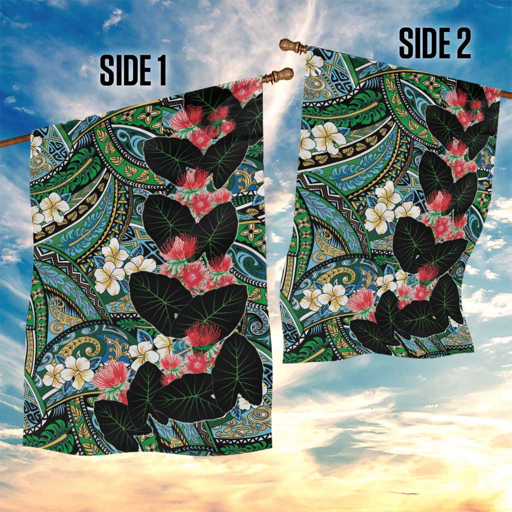 Hawaiian Taro Leaves and Ohia Lehua Garden Flag Polynesian Tribal Art Tropical Plants Motifs Colorful LT03 - Polynesian Pride
