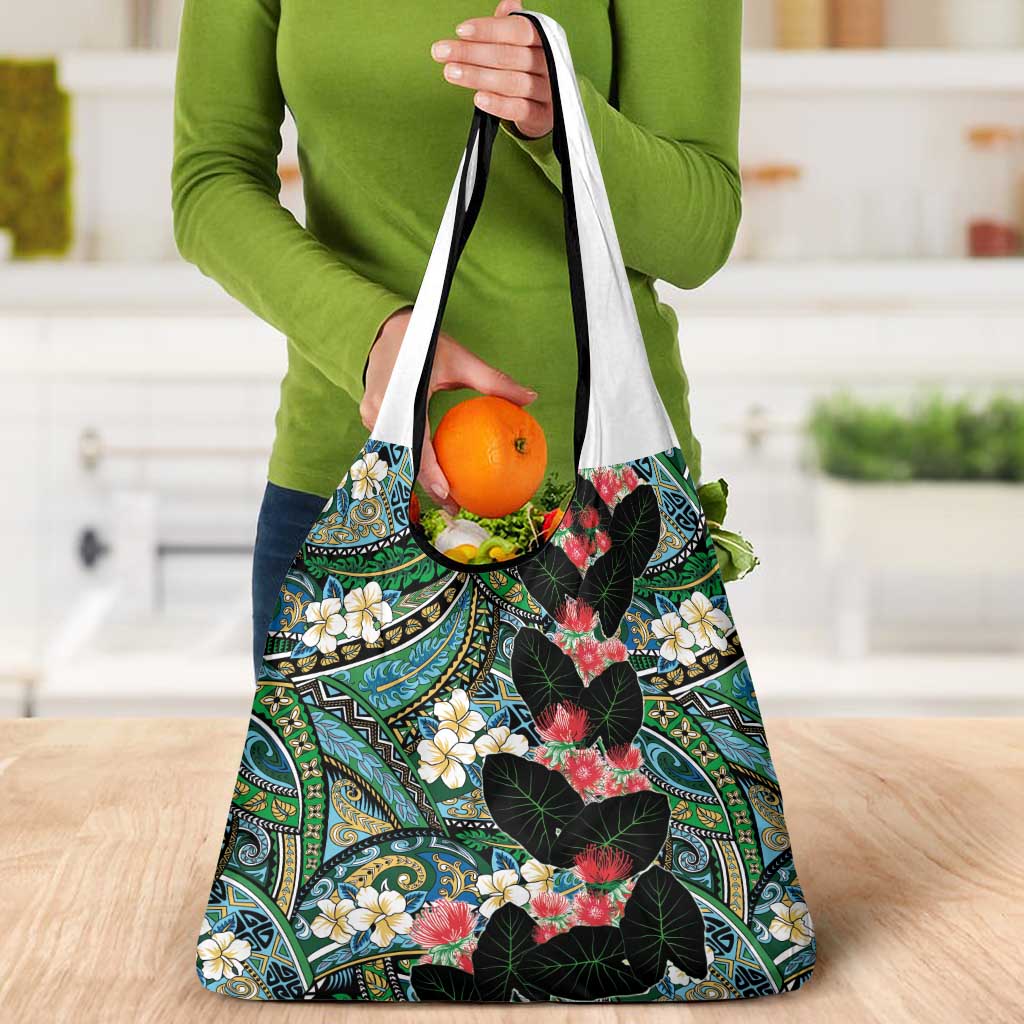 Hawaiian Taro Leaves and Ohia Lehua Grocery Bag Polynesian Tribal Art Tropical Plants Motifs Colorful LT03 - Polynesian Pride