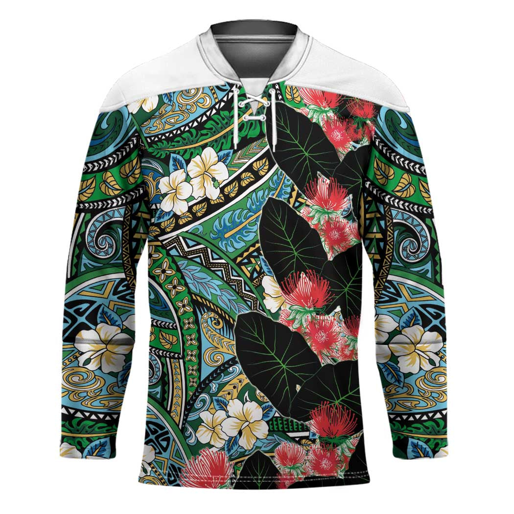 Hawaiian Taro Leaves and Ohia Lehua Hockey Jersey Polynesian Tribal Art Tropical Plants Motifs Colorful LT03 Unisex Multicolor - Polynesian Pride