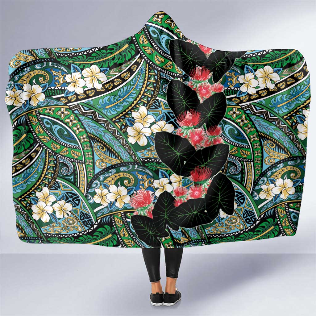 Hawaiian Taro Leaves and Ohia Lehua Hooded Blanket Polynesian Tribal Art Tropical Plants Motifs Colorful LT03 One Size Multicolor - Polynesian Pride