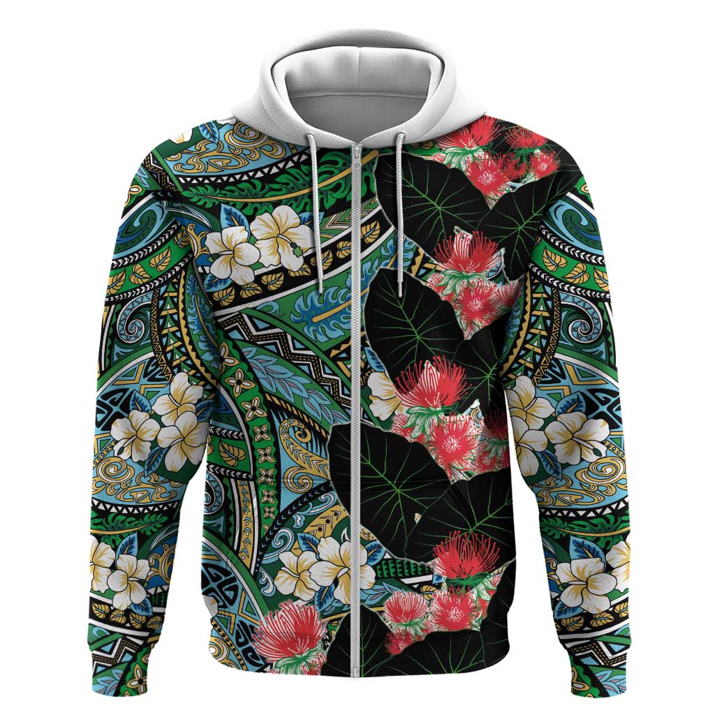 Hawaiian Taro Leaves and Ohia Lehua Hoodie Polynesian Tribal Art Tropical Plants Motifs Colorful LT03 Zip Hoodie Multicolor - Polynesian Pride