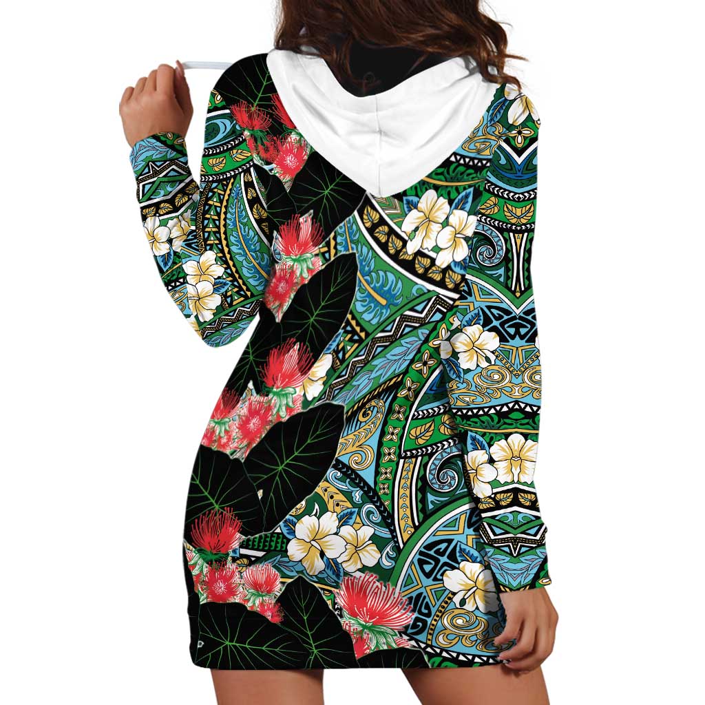 Hawaiian Taro Leaves and Ohia Lehua Hoodie Dress Polynesian Tribal Art Tropical Plants Motifs Colorful LT03 - Polynesian Pride