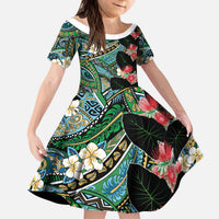 Hawaiian Taro Leaves and Ohia Lehua Kid Short Sleeve Dress Polynesian Tribal Art Tropical Plants Motifs Colorful LT03 KID Multicolor - Polynesian Pride