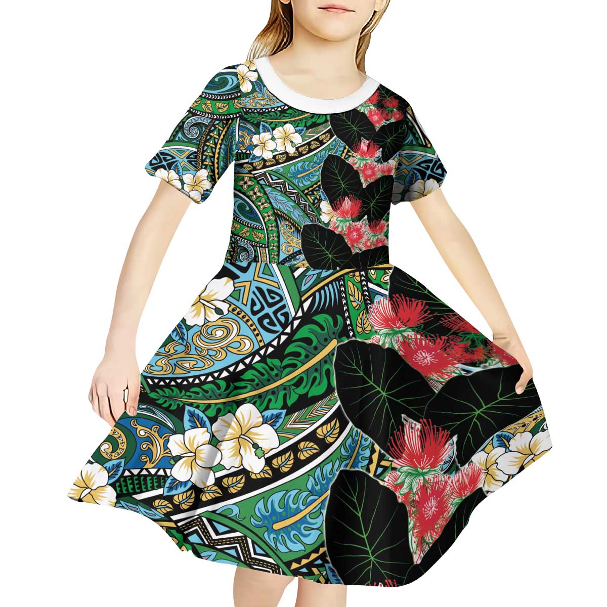 Hawaiian Taro Leaves and Ohia Lehua Kid Short Sleeve Dress Polynesian Tribal Art Tropical Plants Motifs Colorful LT03 - Polynesian Pride
