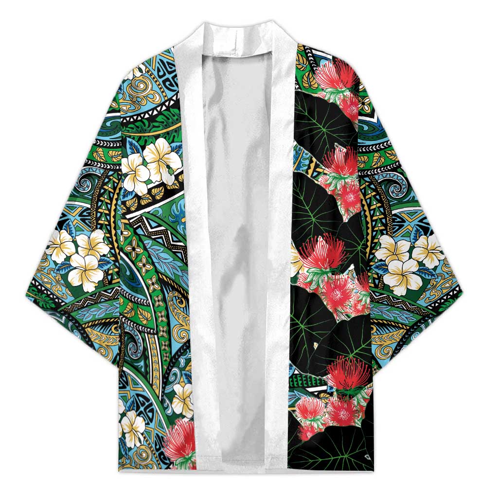 Hawaiian Taro Leaves and Ohia Lehua Kimono Polynesian Tribal Art Tropical Plants Motifs Colorful LT03 Unisex Multicolor - Polynesian Pride