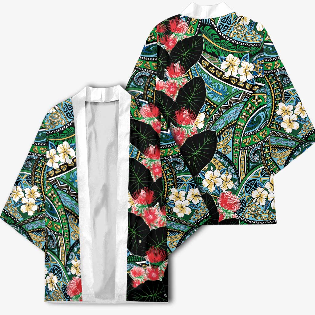 Hawaiian Taro Leaves and Ohia Lehua Kimono Polynesian Tribal Art Tropical Plants Motifs Colorful