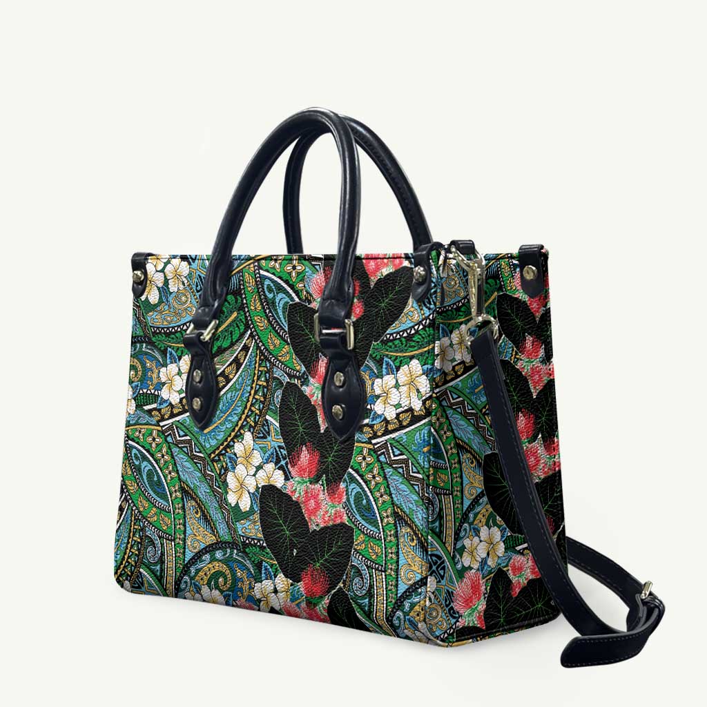 Hawaiian Taro Leaves and Ohia Lehua Leather Bag Polynesian Tribal Art Tropical Plants Motifs Colorful LT03 Multicolor - Polynesian Pride