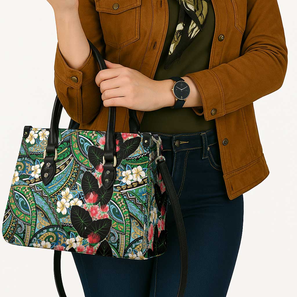 Hawaiian Taro Leaves and Ohia Lehua Leather Bag Polynesian Tribal Art Tropical Plants Motifs Colorful