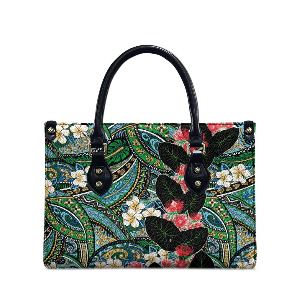 Hawaiian Taro Leaves and Ohia Lehua Leather Bag Polynesian Tribal Art Tropical Plants Motifs Colorful