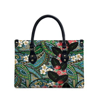 Hawaiian Taro Leaves and Ohia Lehua Leather Bag Polynesian Tribal Art Tropical Plants Motifs Colorful
