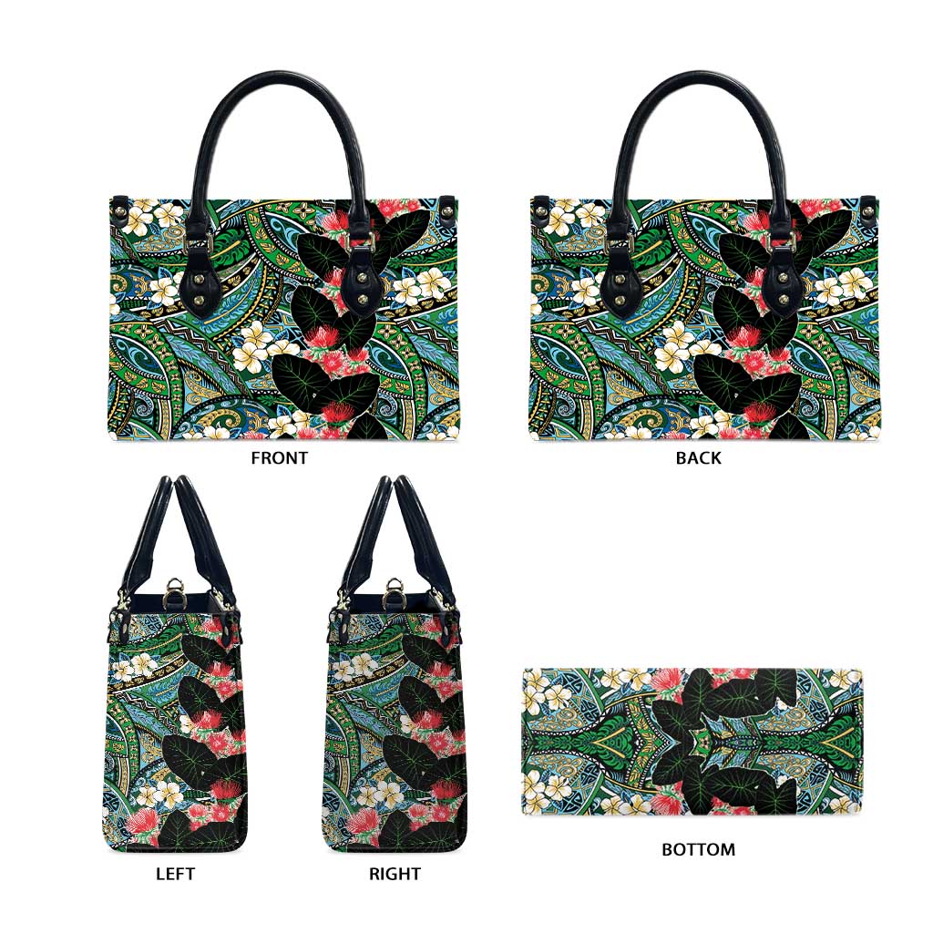 Hawaiian Taro Leaves and Ohia Lehua Leather Bag Polynesian Tribal Art Tropical Plants Motifs Colorful