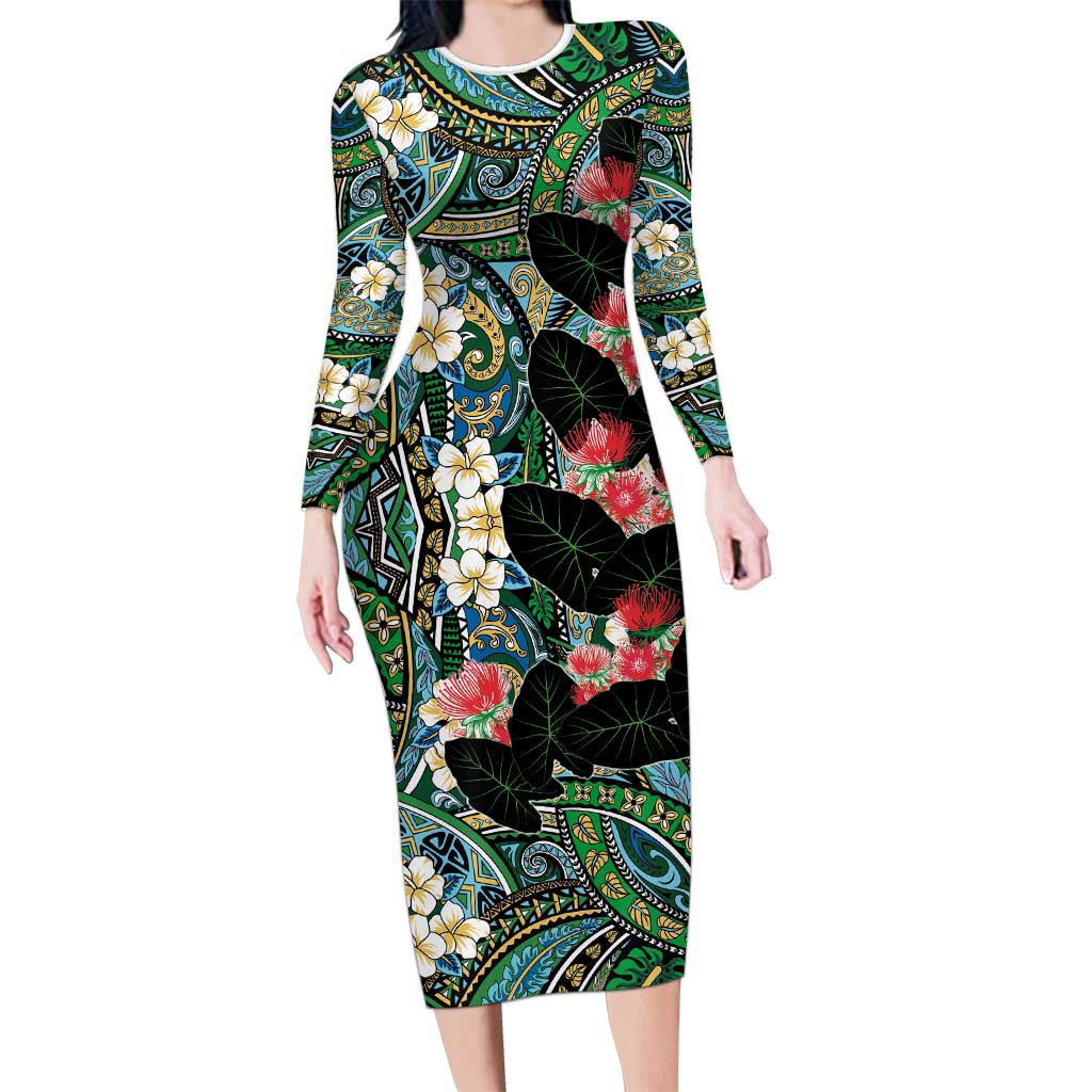 Hawaiian Taro Leaves and Ohia Lehua Long Sleeve Bodycon Dress Polynesian Tribal Art Tropical Plants Motifs Colorful