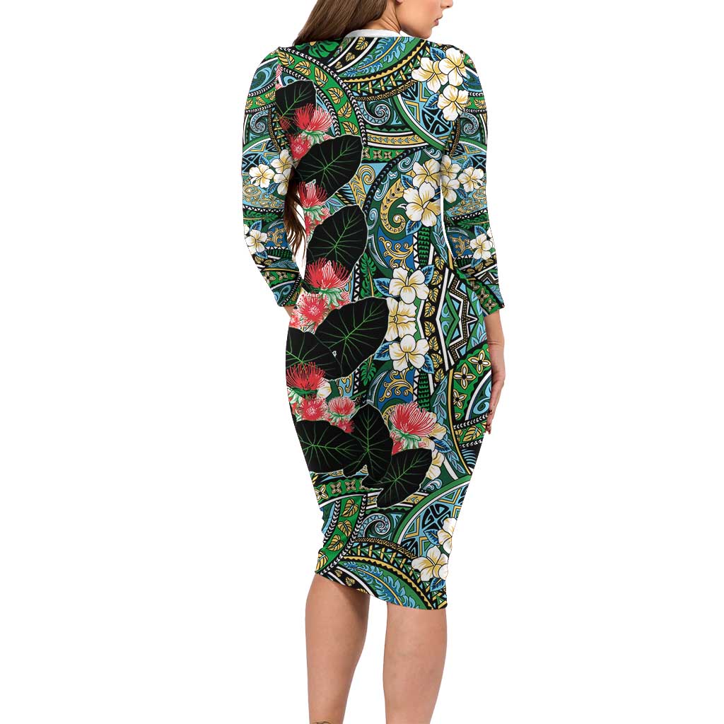 Hawaiian Taro Leaves and Ohia Lehua Long Sleeve Bodycon Dress Polynesian Tribal Art Tropical Plants Motifs Colorful LT03 - Polynesian Pride
