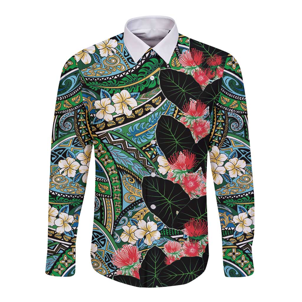 Hawaiian Taro Leaves and Ohia Lehua Long Sleeve Button Shirt Polynesian Tribal Art Tropical Plants Motifs Colorful
