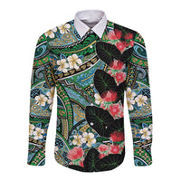Hawaiian Taro Leaves and Ohia Lehua Long Sleeve Button Shirt Polynesian Tribal Art Tropical Plants Motifs Colorful