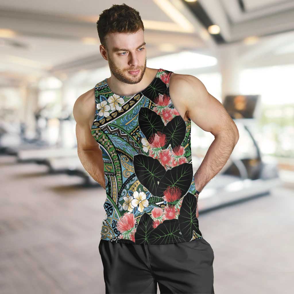 Hawaiian Taro Leaves and Ohia Lehua Men Tank Top Polynesian Tribal Art Tropical Plants Motifs Colorful LT03 Multicolor - Polynesian Pride