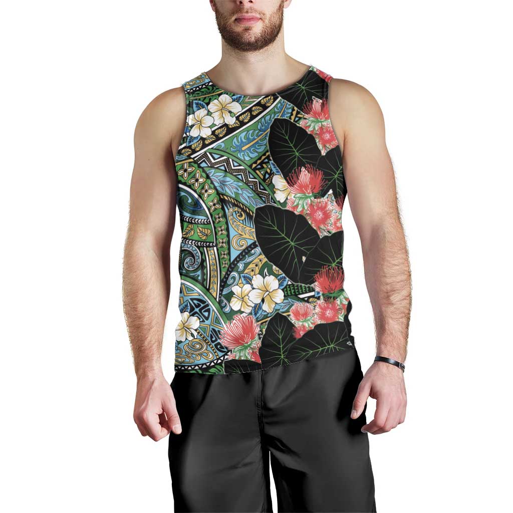 Hawaiian Taro Leaves and Ohia Lehua Men Tank Top Polynesian Tribal Art Tropical Plants Motifs Colorful LT03 - Polynesian Pride