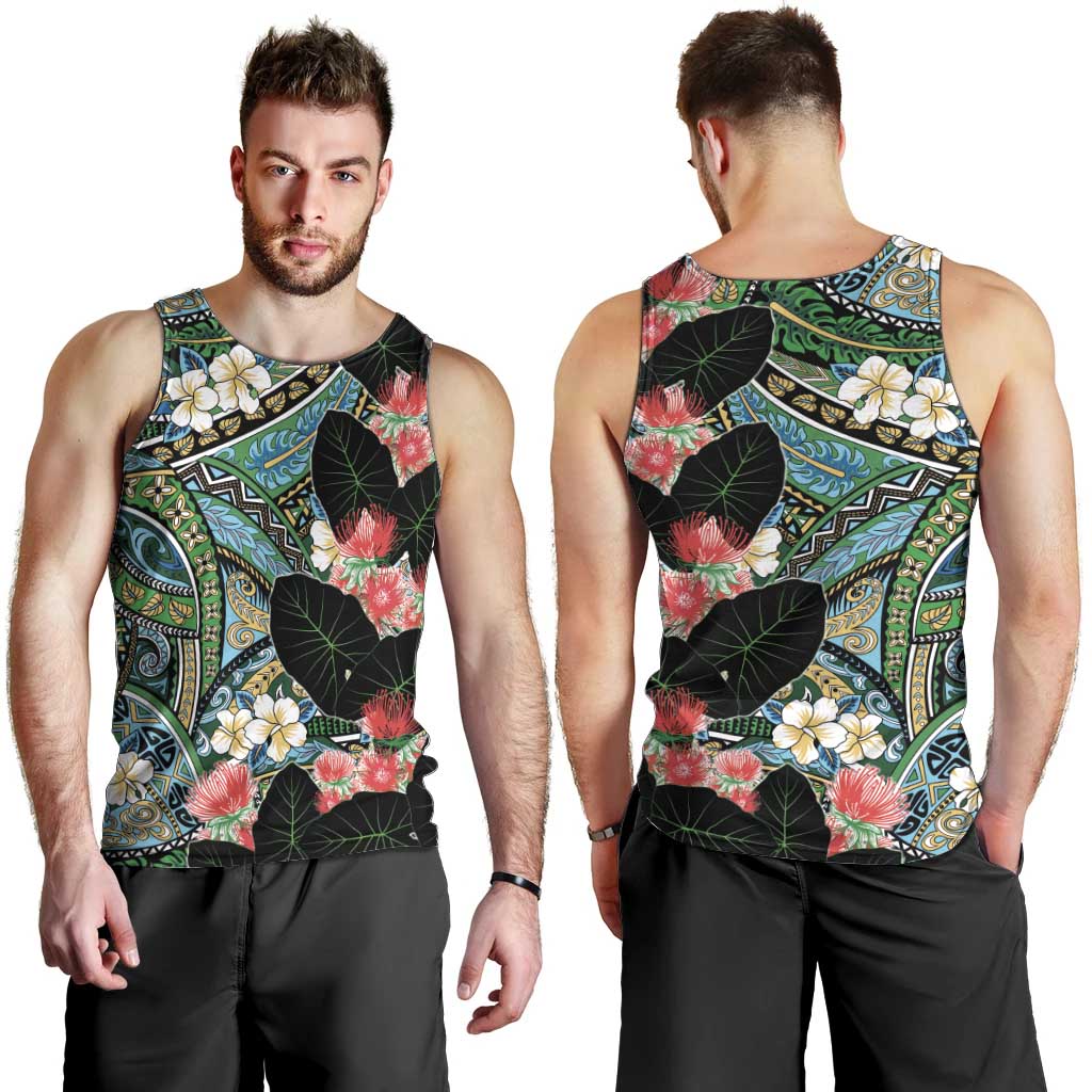 Hawaiian Taro Leaves and Ohia Lehua Men Tank Top Polynesian Tribal Art Tropical Plants Motifs Colorful LT03 - Polynesian Pride