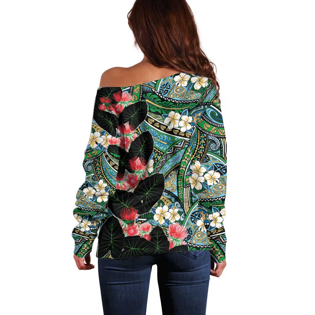 Hawaiian Taro Leaves and Ohia Lehua Off Shoulder Sweater Polynesian Tribal Art Tropical Plants Motifs Colorful