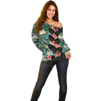 Hawaiian Taro Leaves and Ohia Lehua Off Shoulder Sweater Polynesian Tribal Art Tropical Plants Motifs Colorful