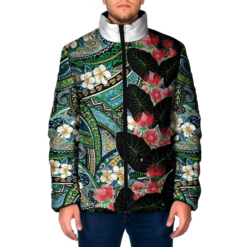 Hawaiian Taro Leaves and Ohia Lehua Padded Jacket Polynesian Tribal Art Tropical Plants Motifs Colorful LT03 Men Multicolor - Polynesian Pride