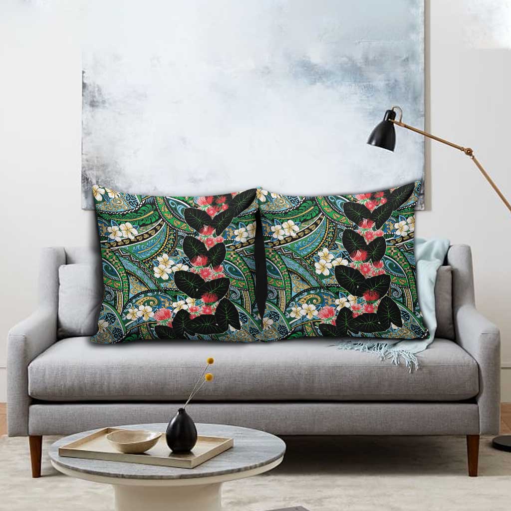 Hawaiian Taro Leaves and Ohia Lehua Pillow Cover Polynesian Tribal Art Tropical Plants Motifs Colorful LT03 - Polynesian Pride