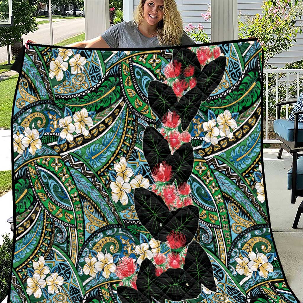 Hawaiian Taro Leaves and Ohia Lehua Quilt Polynesian Tribal Art Tropical Plants Motifs Colorful LT03 Multicolor - Polynesian Pride