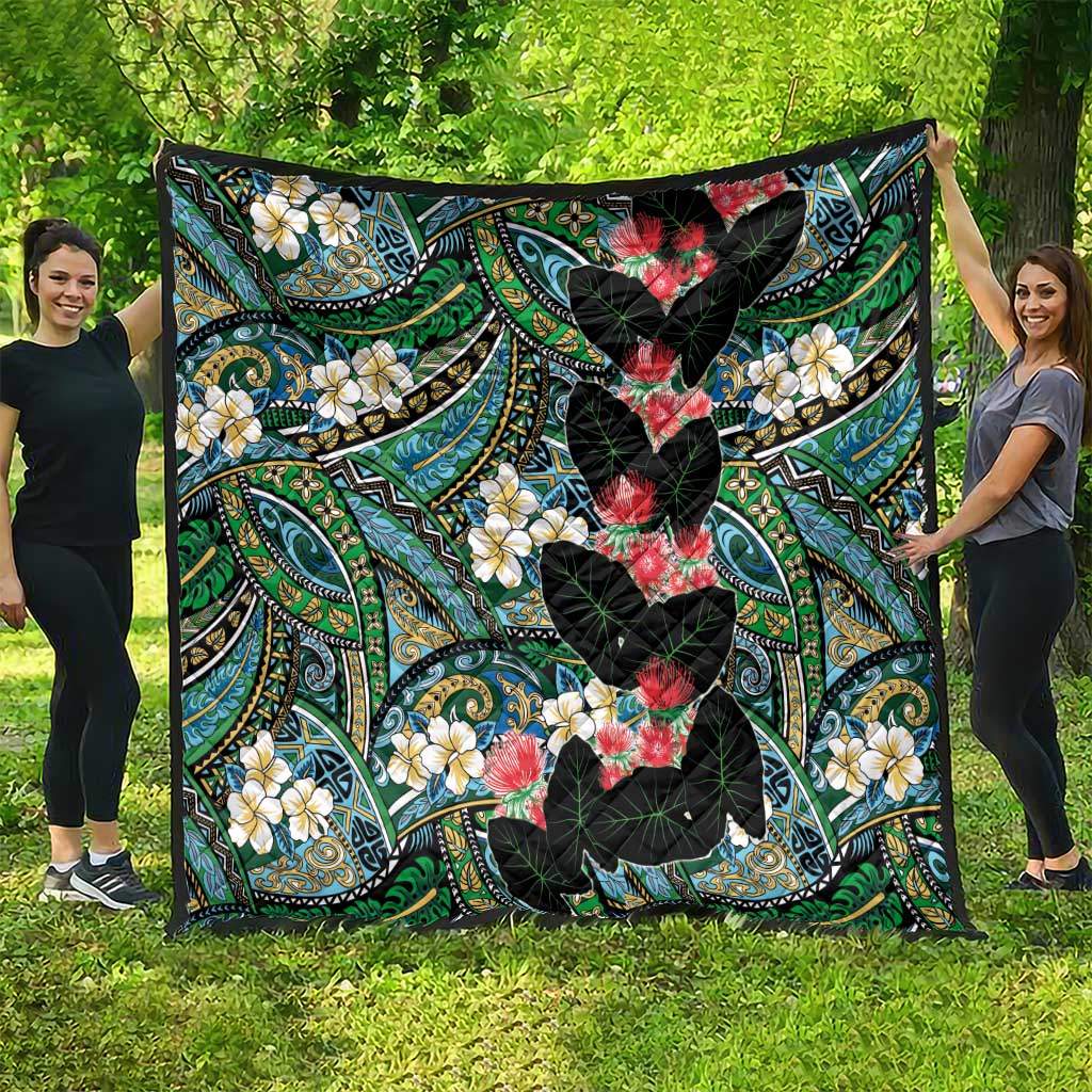 Hawaiian Taro Leaves and Ohia Lehua Quilt Polynesian Tribal Art Tropical Plants Motifs Colorful