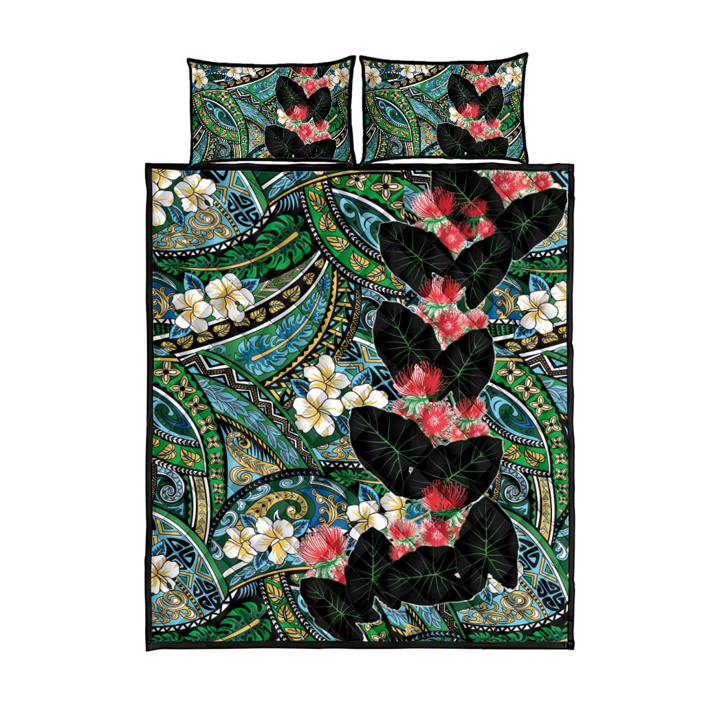 Hawaiian Taro Leaves and Ohia Lehua Quilt Bed Set Polynesian Tribal Art Tropical Plants Motifs Colorful