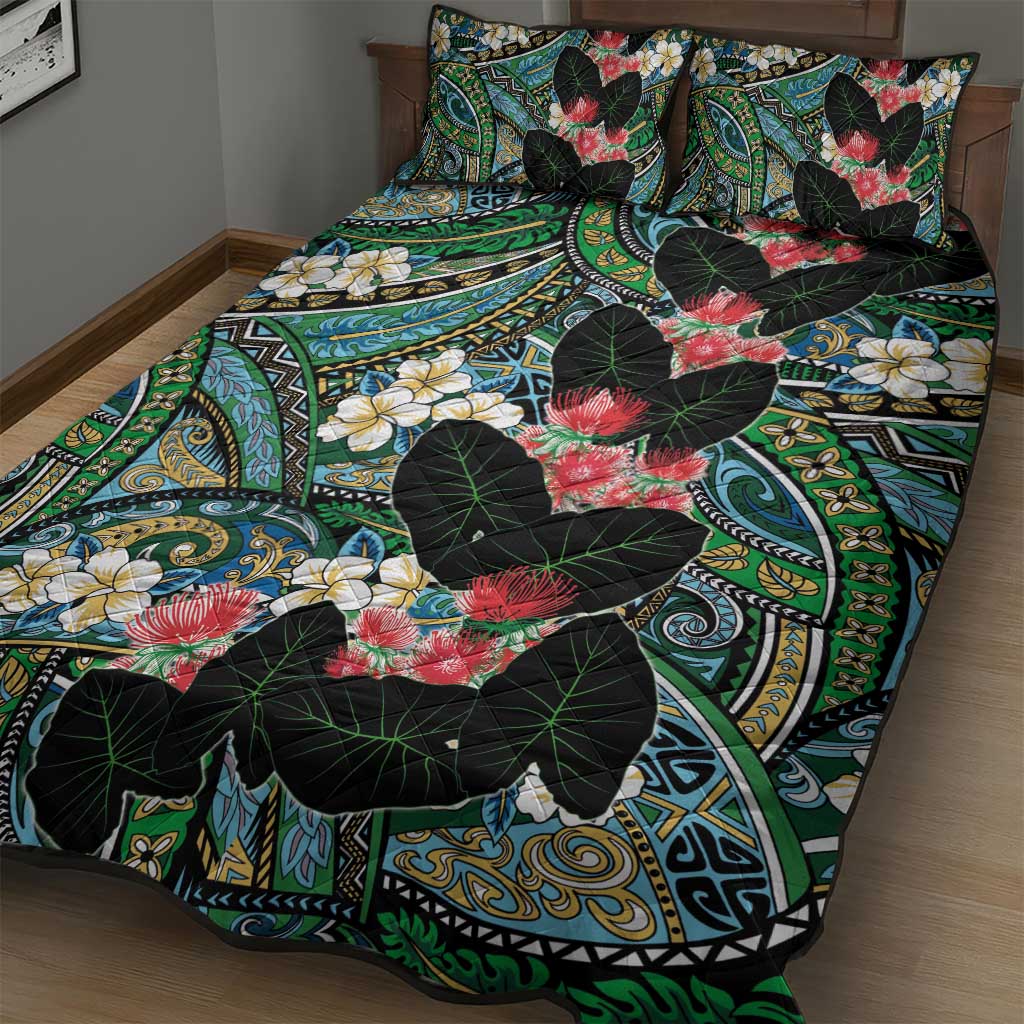Hawaiian Taro Leaves and Ohia Lehua Quilt Bed Set Polynesian Tribal Art Tropical Plants Motifs Colorful