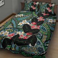 Hawaiian Taro Leaves and Ohia Lehua Quilt Bed Set Polynesian Tribal Art Tropical Plants Motifs Colorful