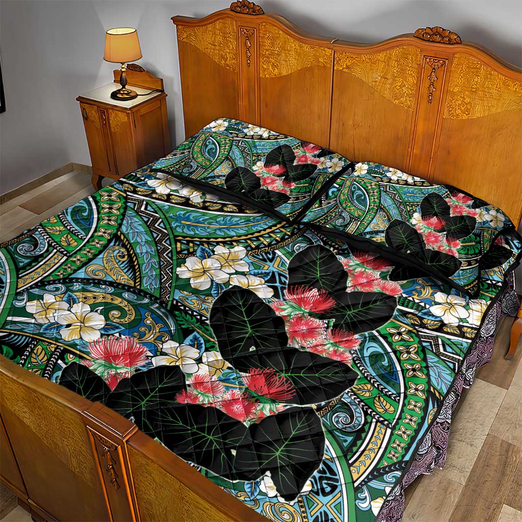 Hawaiian Taro Leaves and Ohia Lehua Quilt Bed Set Polynesian Tribal Art Tropical Plants Motifs Colorful