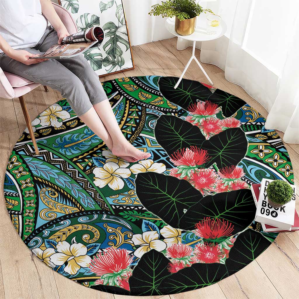 Hawaiian Taro Leaves and Ohia Lehua Round Carpet Polynesian Tribal Art Tropical Plants Motifs Colorful